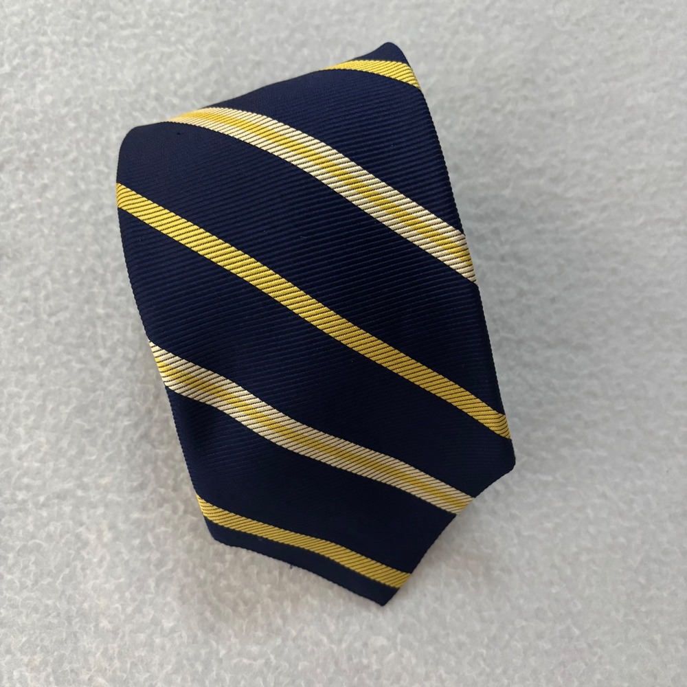 Brooks Brothers Makers Silk Tie Navy Blue Yellow White Repp Stripe Made in USA